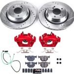 Powerstop KC5732 Rear Brake Disc and Caliper Kit, Cross-drilled and Slotted 5 Lugs 327 mm Red Powdercoat Caliper, Carbon Fiber Ceramic, Z23 Evolution Sport Series