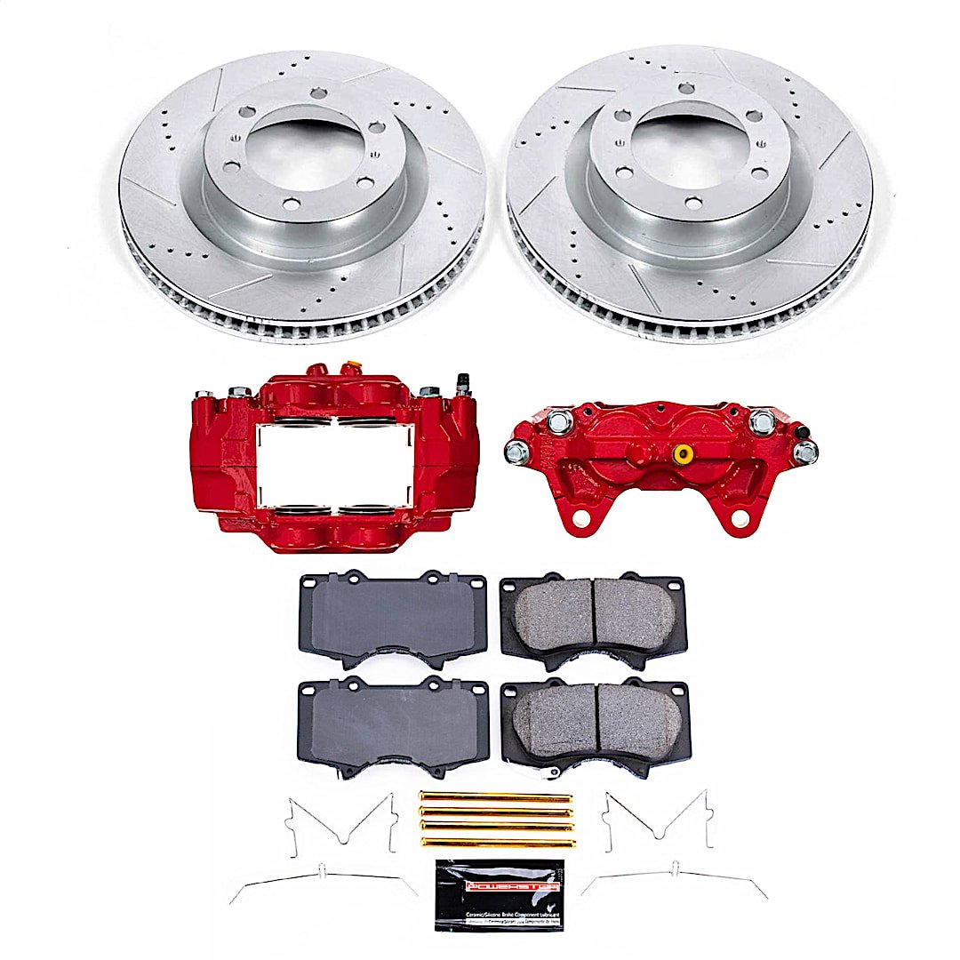 p15kc5873a_1.jpg Powerstop KC5873A Front Brake Disc and Caliper Kit, Cross-drilled and Slotted 6 Lugs 338 mm Powdercoated red, Carbon Fiber Ceramic, Z23 Evolution Sport Series - Image 1