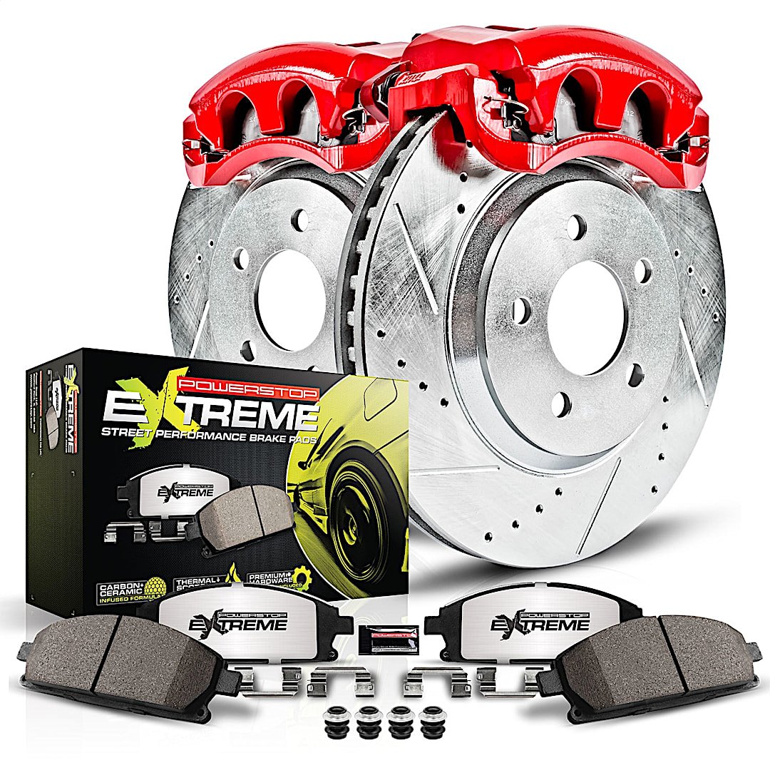 p15kc593926_1.jpg Powerstop KC5939-26 Front Brake Disc and Caliper Kit, Cross-drilled and Slotted 5 Lugs 319.8 mm Red Powdercoat Caliper, Carbon Fiber Ceramic, Z26 Street Warrior Carbon-Fiber Ceramic Series - Image 1