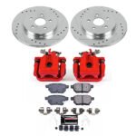 Powerstop KC6498 Rear Brake Disc and Caliper Kit, Cross-drilled and Slotted 5 Lugs 279 mm Red Powdercoat Caliper, Carbon Fiber Ceramic, Z23 Evolution Sport Series