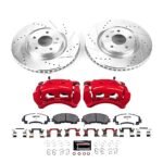 Powerstop KC7034-26 Front Brake Disc and Caliper Kit, Cross-drilled and Slotted 5 Lugs 320 mm Red Powdercoat Caliper, Carbon Fiber Ceramic, Z26 Street Warrior Carbon-Fiber Ceramic Series