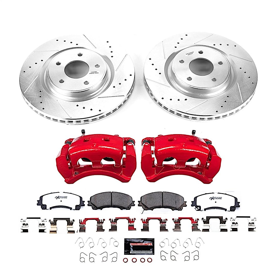 p15kc703426_1.jpg Powerstop KC7034-26 Front Brake Disc and Caliper Kit, Cross-drilled and Slotted 5 Lugs 320 mm Red Powdercoat Caliper, Carbon Fiber Ceramic, Z26 Street Warrior Carbon-Fiber Ceramic Series - Image 1