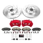 Powerstop KC7034 Front Brake Disc and Caliper Kit, Cross-drilled and Slotted 5 Lugs 320 mm Red Powdercoat Caliper, Carbon Fiber Ceramic, Z23 Evolution Sport Series