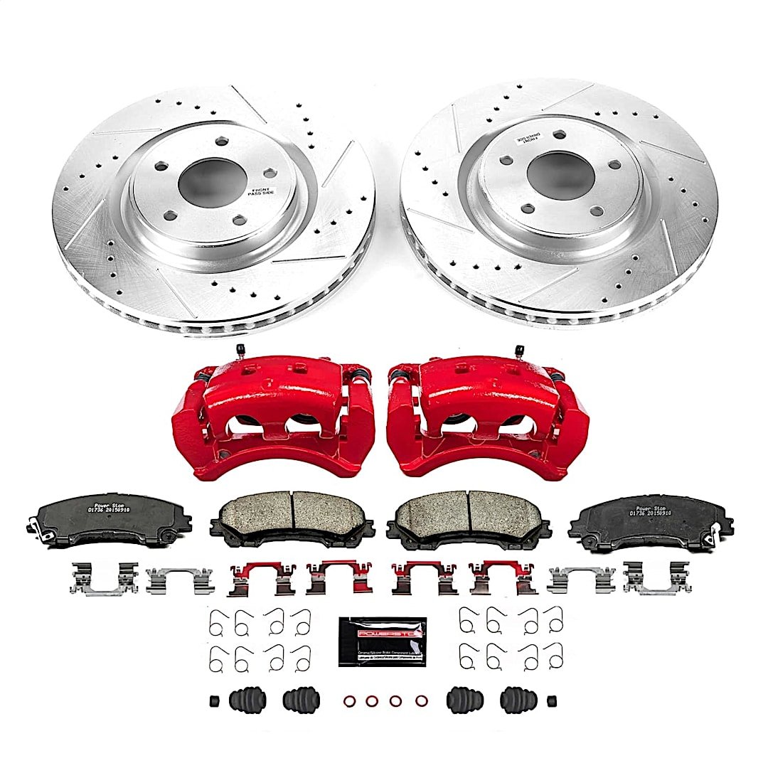 p15kc7034_1.jpg Powerstop KC7034 Front Brake Disc and Caliper Kit, Cross-drilled and Slotted 5 Lugs 320 mm Red Powdercoat Caliper, Carbon Fiber Ceramic, Z23 Evolution Sport Series - Image 1