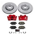 Powerstop KC7299 Front Brake Disc and Caliper Kit, Cross-drilled and Slotted 5 Lugs 305 mm Powdercoated red, Carbon Fiber Ceramic, Z23 Evolution Sport Series