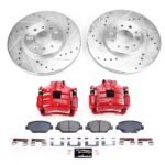 Powerstop KC7661B Front Brake Disc and Caliper Kit, Cross-drilled and Slotted 5 Lugs 321.2 mm Red Powdercoat Caliper, Carbon Fiber Ceramic, Z23 Evolution Sport Series