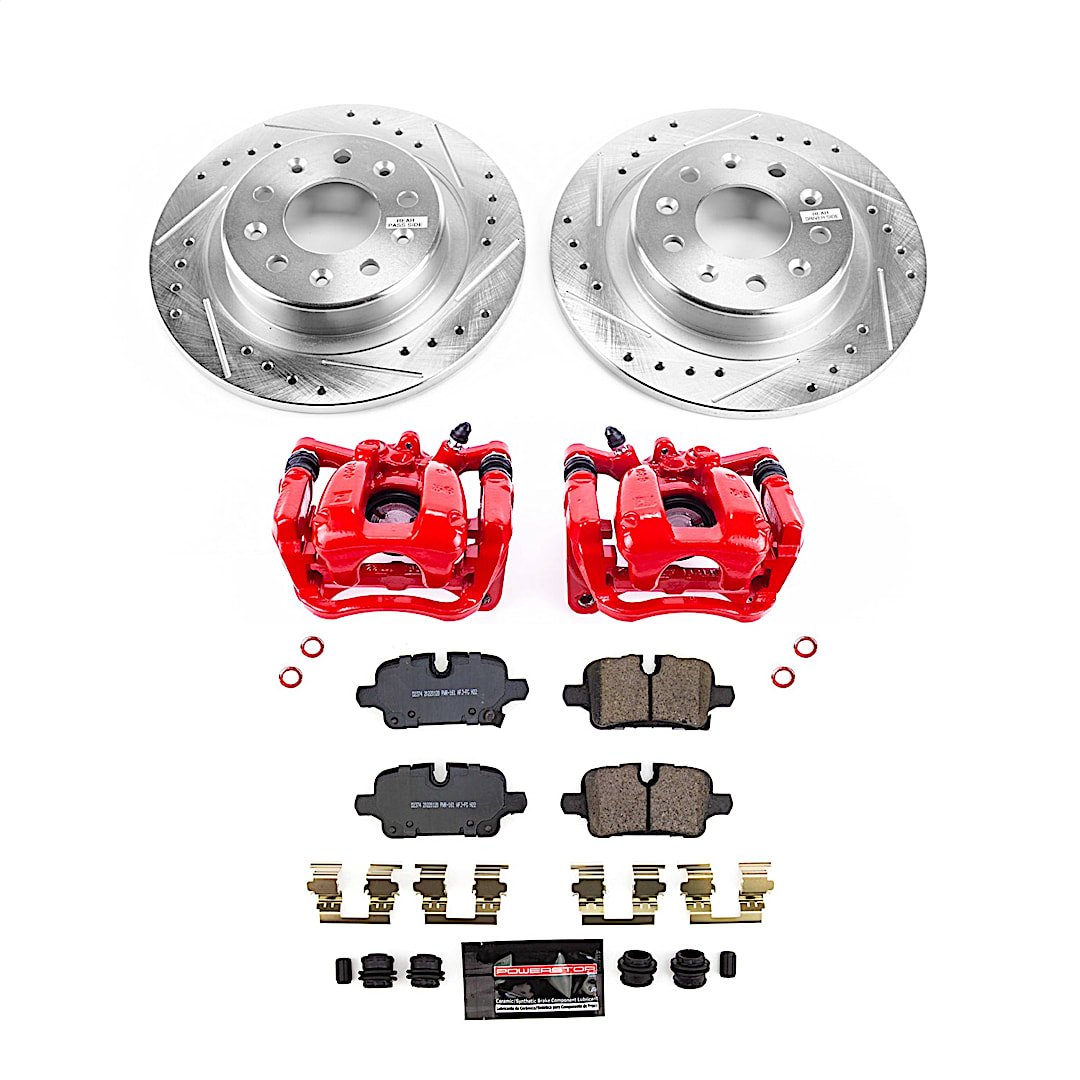 p15kc8676_1.jpg Powerstop KC8676 Rear Brake Disc and Caliper Kit, Cross-drilled and Slotted 5 Lugs 288.2 mm Powdercoated red, Carbon Fiber Ceramic, Z23 Evolution Sport Series - Image 1