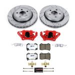 Powerstop KC8758-26 Rear Brake Disc and Caliper Kit, Cross-drilled and Slotted 5 Lugs 349.9 mm Red Powdercoat Caliper, Carbon Fiber Ceramic, Z26 Street Warrior Carbon-Fiber Ceramic Series