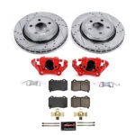 Powerstop KC8758 Rear Brake Disc and Caliper Kit, Cross-drilled and Slotted 5 Lugs 349.9 mm Red Powdercoat Caliper, Carbon Fiber Ceramic, Z23 Evolution Sport Series