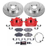 Powerstop KC8842 Front Brake Disc and Caliper Kit, Cross-drilled and Slotted 4 Lugs 294 mm Red Powdercoat Caliper, Carbon Fiber Ceramic, Z23 Evolution Sport Series