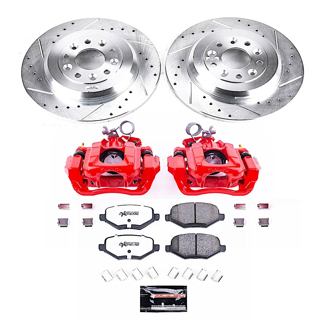 p15kc884636_1.jpg Powerstop KC8846-36 Rear Brake Disc and Caliper Kit, Cross-drilled and Slotted 5 Lugs 330 mm Red Powdercoat Caliper, Carbon Fiber Ceramic, Z36 Extreme Truck And Tow - Image 1