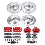 Powerstop KC8970 Front and Rear Brake Disc and Caliper Kit, Cross-drilled and Slotted 5 Lugs 325 mm Powdercoated red, Carbon Fiber Ceramic, Z23 Evolution Sport Series