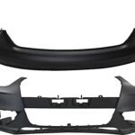 Replacement Front and Rear Primed Bumper Cover, Sedan, For Models Without S-Line Package, With Fog Light Holes, Without Parking Aid Sensor Holes, With Headlight Washer Holes, Without Warning System