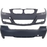 Replacement Front and Rear Primed Bumper Covers, Sedan, For Models With M Package, With Headlight Washer Holes, Without Rear Bumper Park Distance Control Sensor Holes